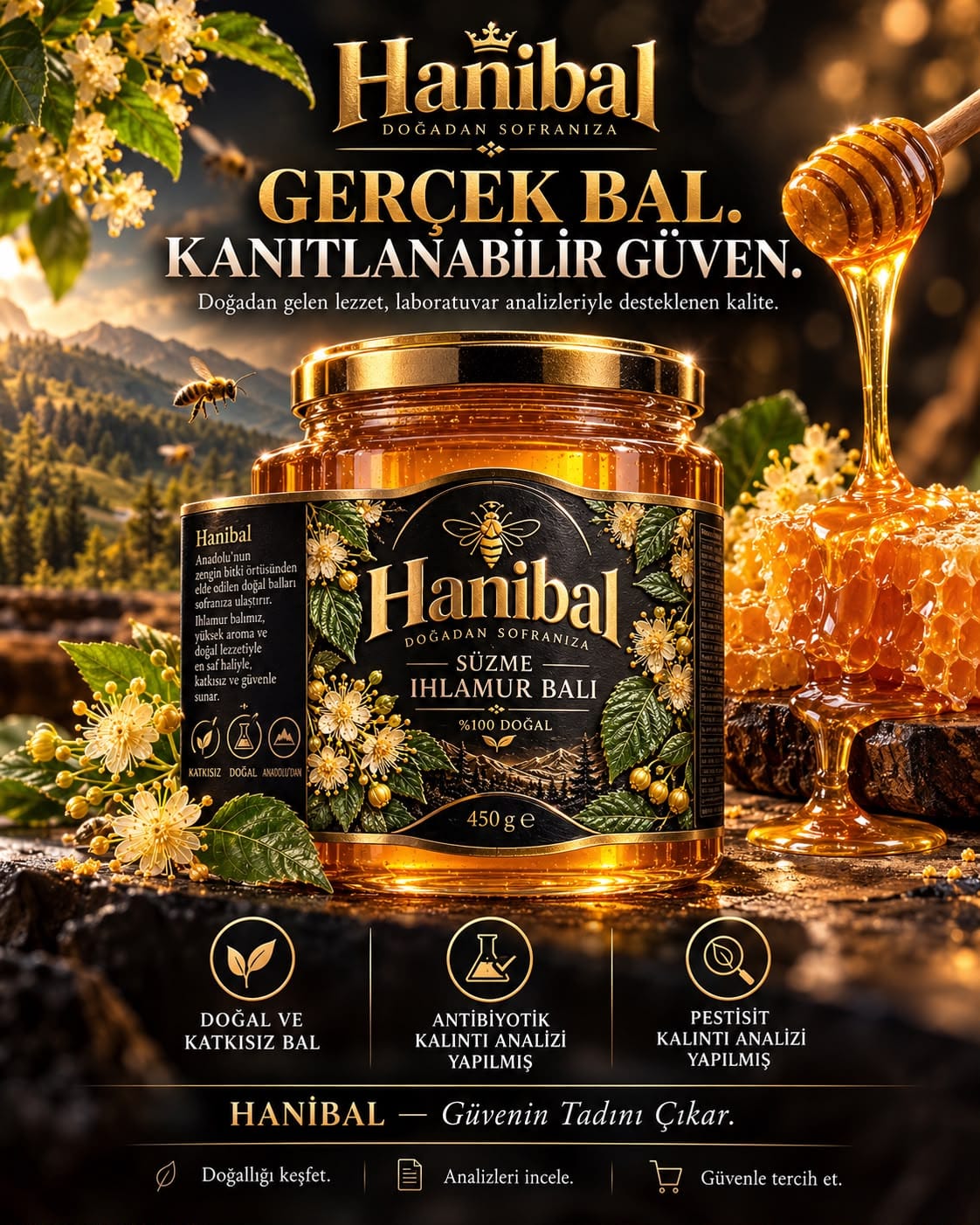 Hanibal Süzme Ihlamur Balı tanıtım afişi: Gerçek bal, kanıtlanabilir güven